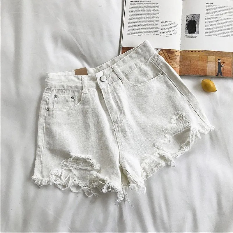 Korean denim shorts summer fashion casual high waisted ripped jeans pocket tassel Y2K pants streetwear blue Trousers 250321