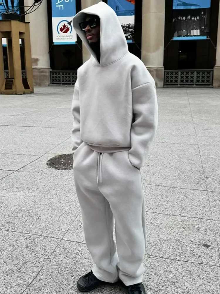Autumn jogging sweatshirt Trouser set casual solid couple hooded sweatshirt and loose sweatpants 2-piece set for menXJ250326