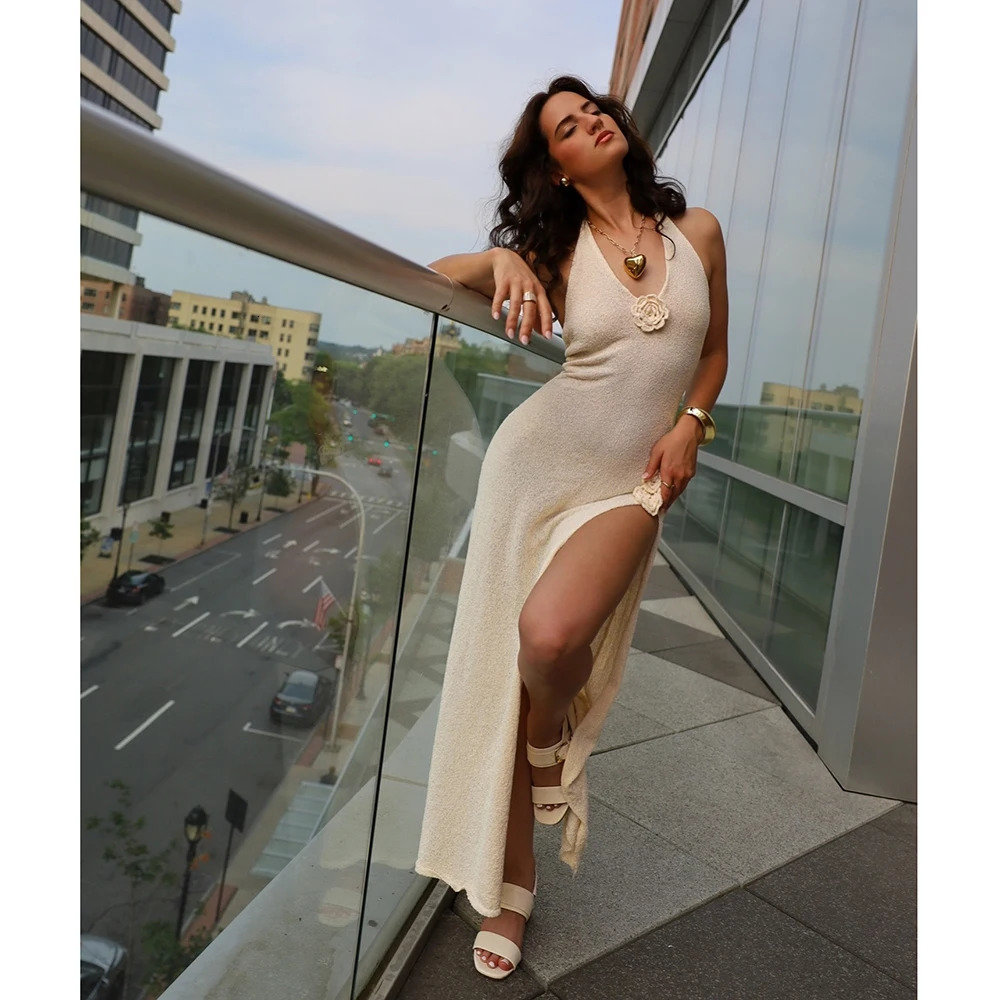 2024 Beach Top Knitted Tunic Bikini Sexy See Through Halter Maxi Dress Slit Summer Wear 250326
