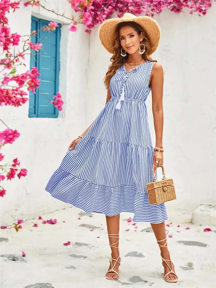 Dongdumaoyi Buttoned Striped Sleeveless Long Dress Spring Summer Design Inspired Tiered Export Women S Style C