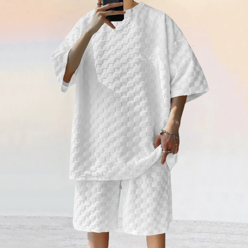 2025 Cross border Mens Summer Jacquard Plain Short sleeved Tshirt Loose Large Straight Leg Casual Shorts Set 250326