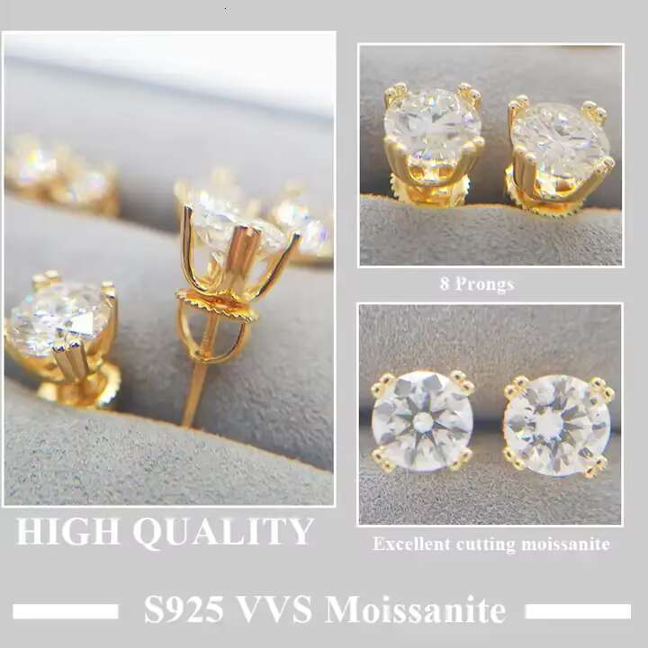 925 Silver Pass Diamond Tester 8 Prongs Round Brilliant Cut Moissanite Stud Earrings Custom Fine Jewelry Earrings