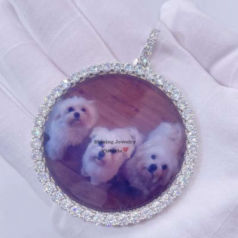 2.5 Width Sterling Silver Vvs Moissanite Diamond Iced Out Memory Photo Necklace with Tennis Chain