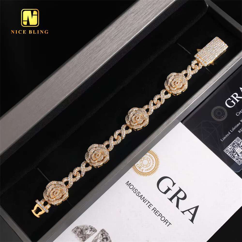 New Design Fine Hip Hop Style Jewelry Custom Iced Out 16.5mm Rose 925 Silver Cuban Link Chain VVS Moissanite Diamond Bracelet