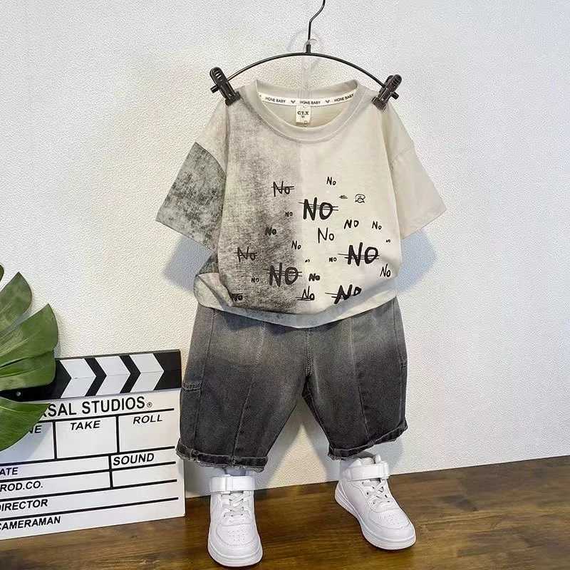 Boys personalized smooth short sleeved T-shirt+jeans shorts 2-piece summer set new fashion boutique casual music setT250327