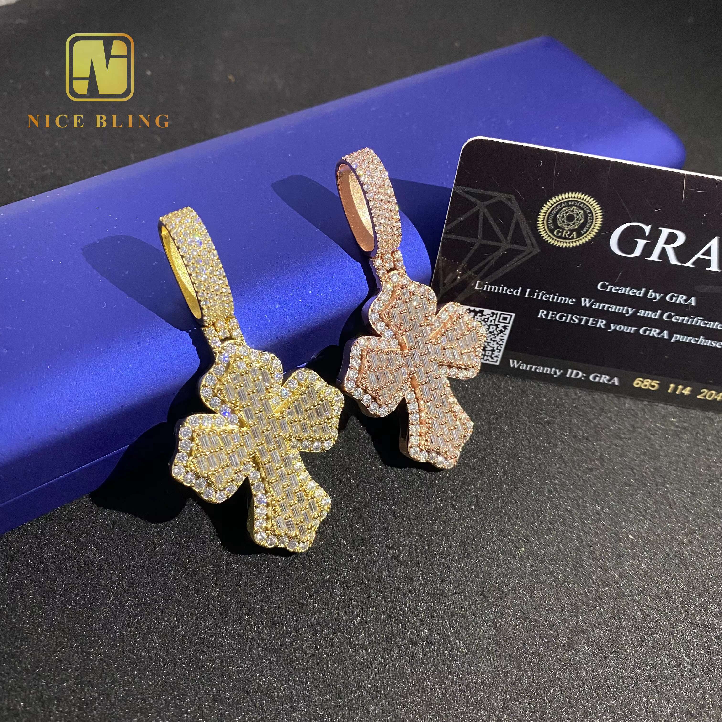 Custom Hip Hop Moissanite Jewelry Pass Diamond Tester Ice Out Baguette Diamond 925 Sterling Silver VVS Moissanite Cross Pendant