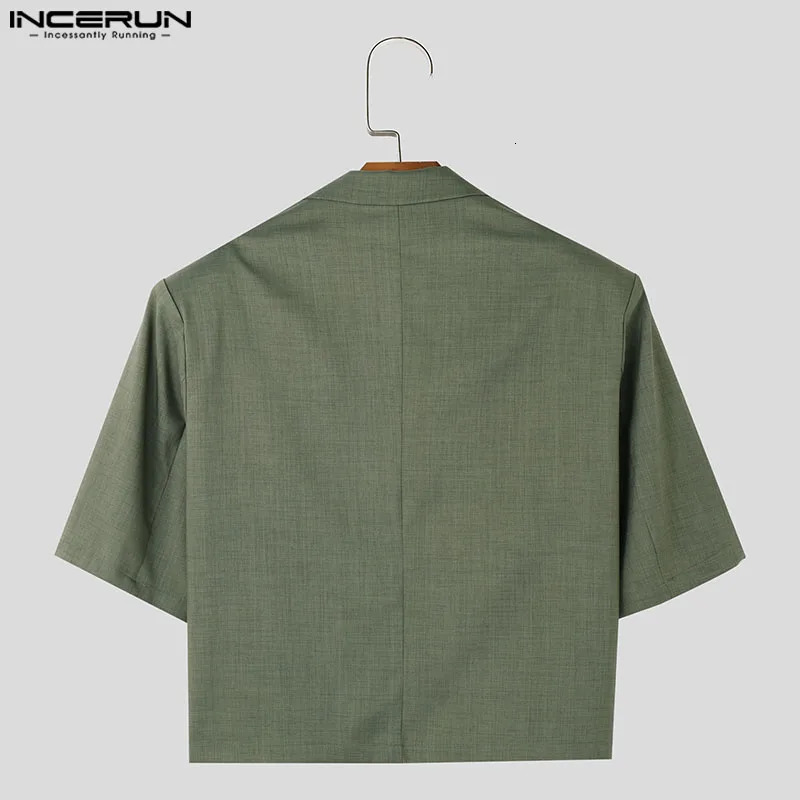 INCERUN Mens Solid Color Collar Short Sleeve Button Pocket Casual Set Street Clothing Fashion Jacket S5XL 250326