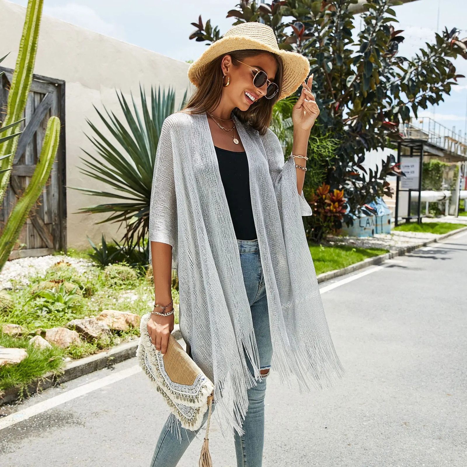 Womens loose fringe top covering beach swimming bikini kimono open swimsuit vacation suit Ups shirt 250326