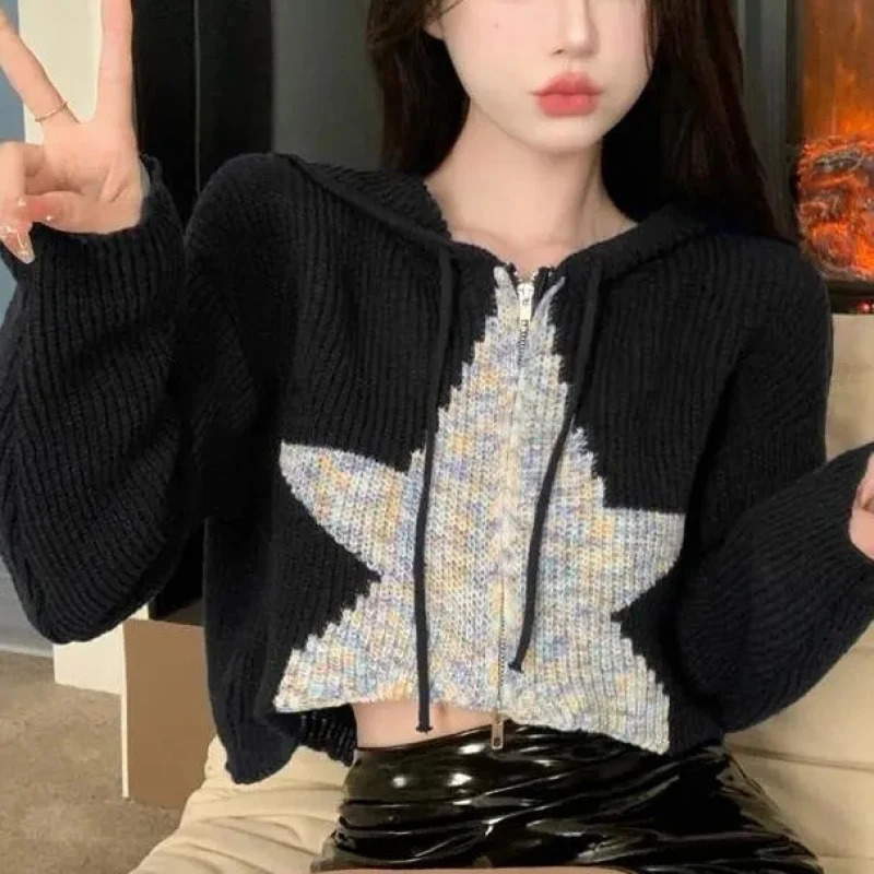 Womens Autumn American Retro Star Short Zipper Hooded Sweater Open Knitted Fashion Top Blue 250326
