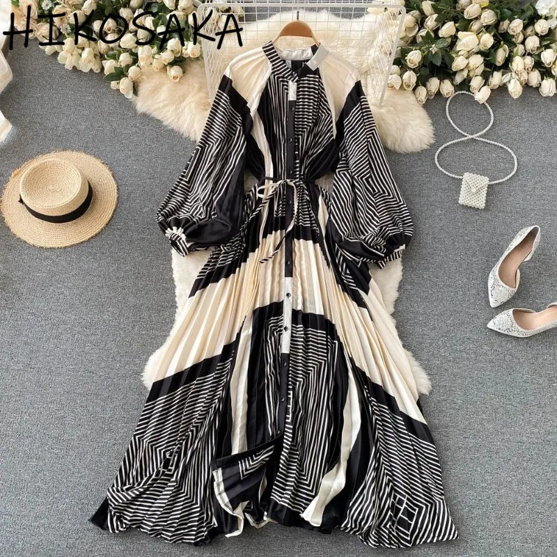 Stand Collar Lantern Sleeve Vintage Print Dress Belt Slim Waist Pleated Single Breasted A-line Robe French Style Elegant Vestido 250326