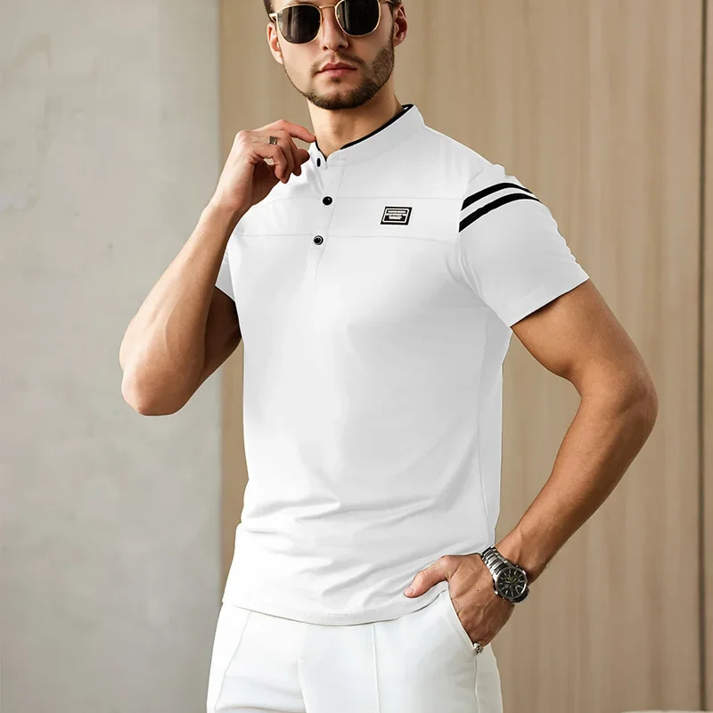 mens casual fashion solid color short sleeved polo shirt stand up collar version comfortable top 250327
