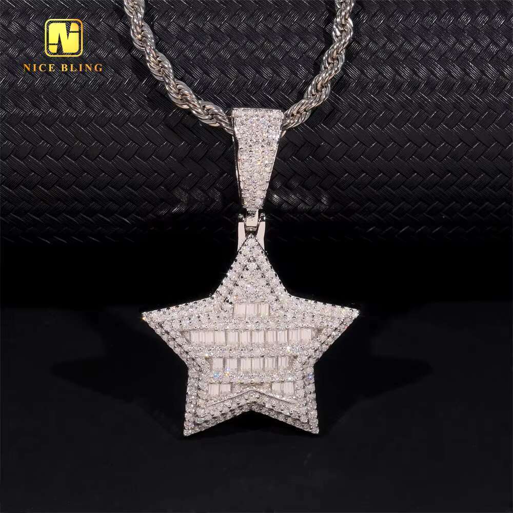 Baguette Custom Iced Out Hip Hop Moissanite Jewelry Star Shape Pendant 925 Silver VVS Moissanite Diamond Fine Charm Pendant