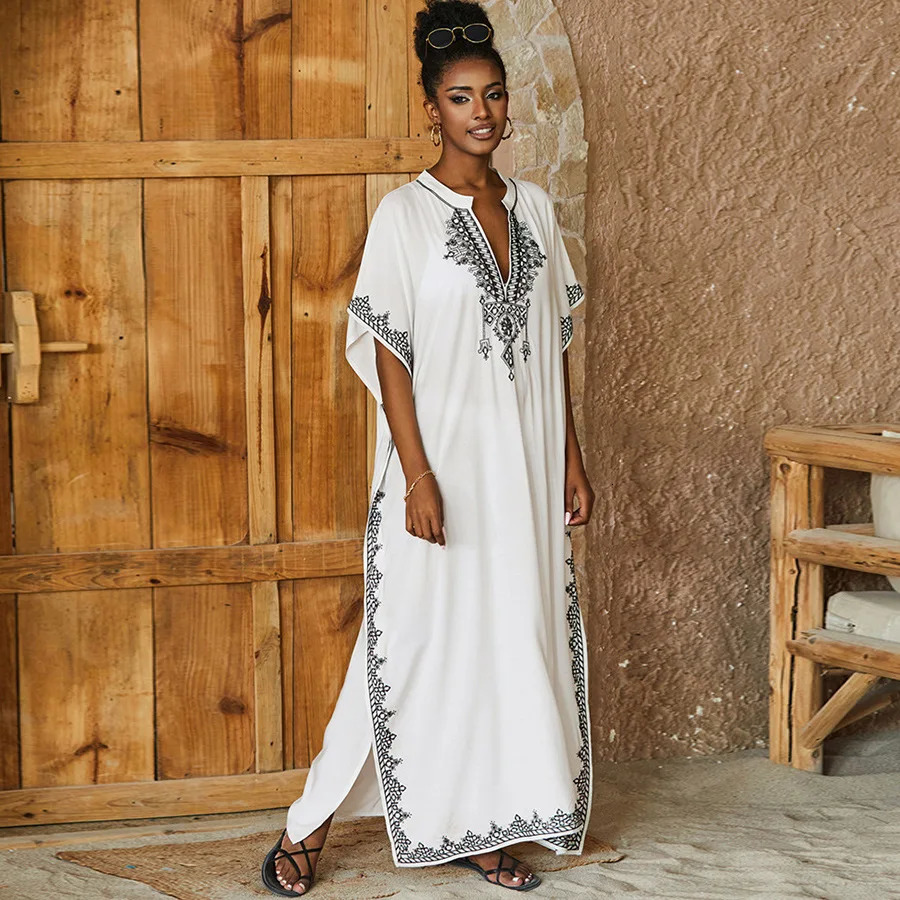 Kaftan Dress Womens Swimsuit Set Plus Size Beach Caftan Cover Ups Swimsuit Embroidery 250324
