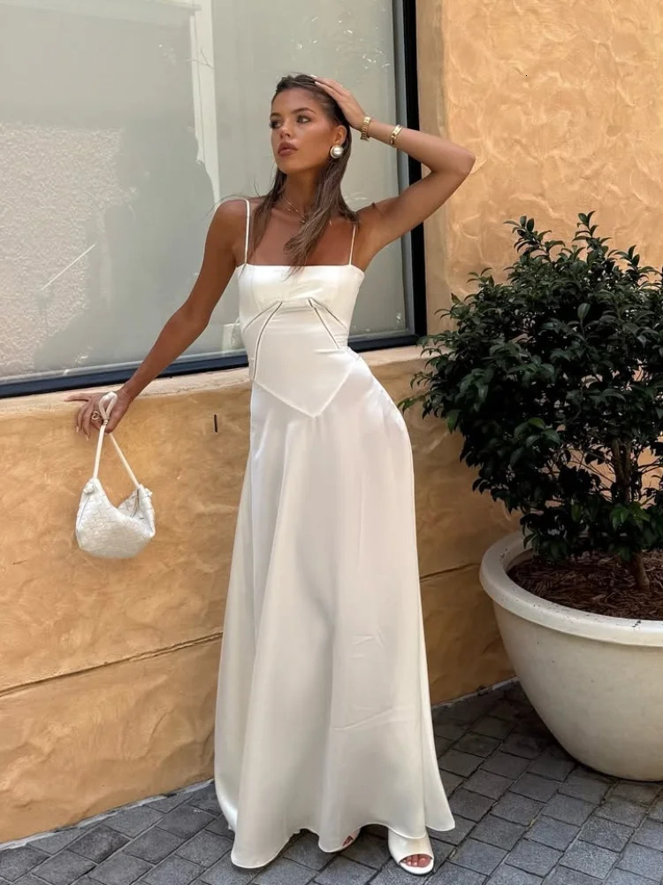 Elegant lace solid Camisole Maxi dress fashion contrast cut long 2025 womens party beach evening 250324