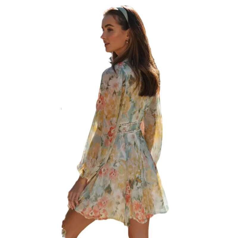Dongdumaoyi Damesmode Bedrukte V Hals Pofmouwen Kanten Patchwork Maxi Damesjurk