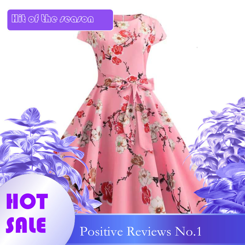 Dongdumaoyi Elegante Bloemen Midi Jurk Met Riem Ronde Hals Korte Mouwen Polyester Wasbaar In De Machine WD