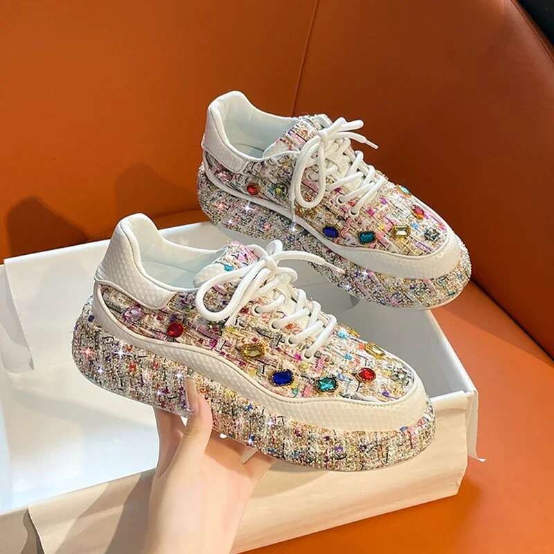 Designer Shoes Light Luxury Women's Sports Shoes 2025 Spring Festival Shining Rhies Women's Vulcanize Fashion Autmn Platform Casual Shoes Wo