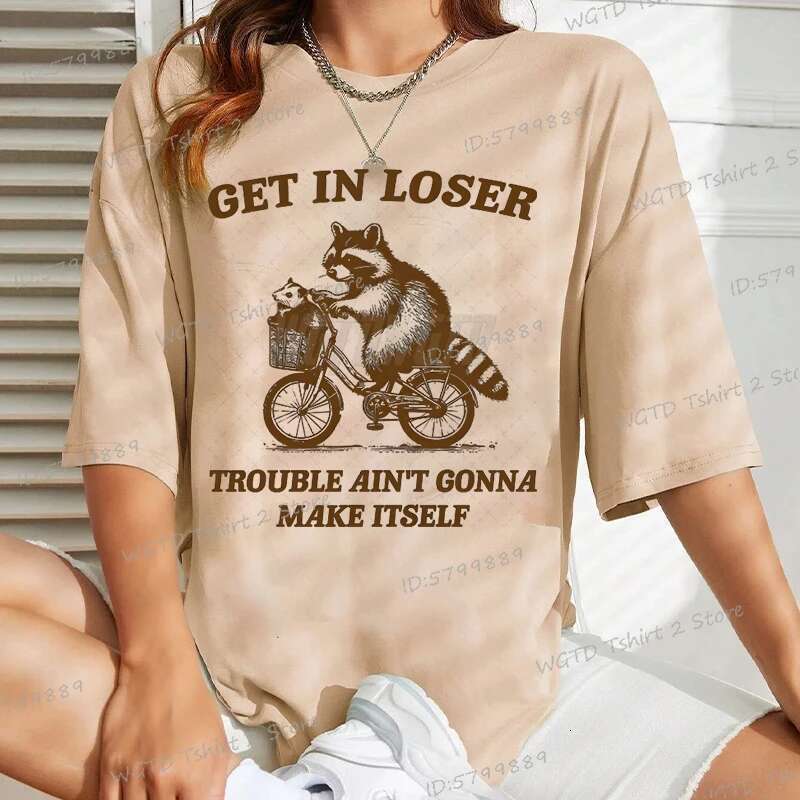 Entering the realm of failure Interesting Raccoon Pattern T shirt for Women s Casual Cotton Short Sleeve Oversized Retro Street Clothing
