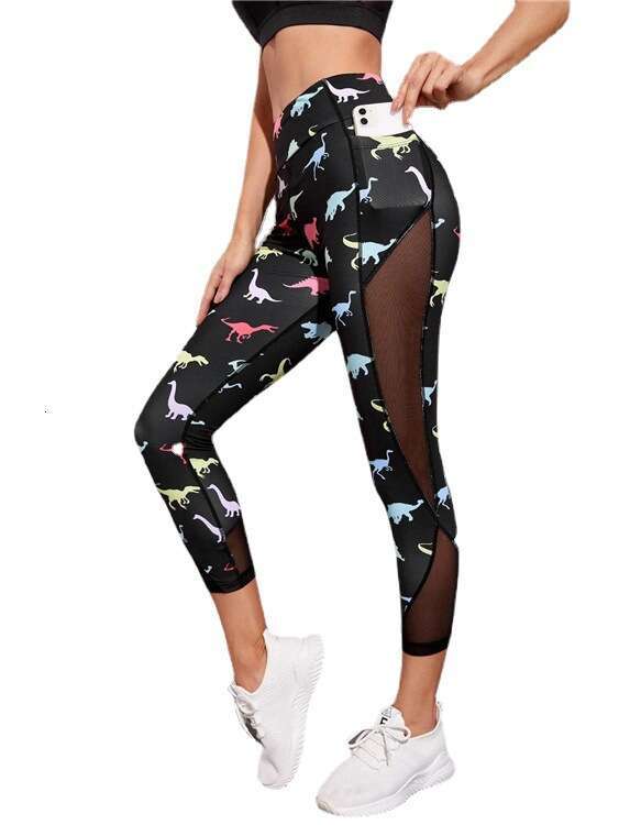 Women Yoga Pants New Summer Pocket Mesh Breathable Fitness Yoga Pants With Colorful Dinosaur Print Underpants YJ
