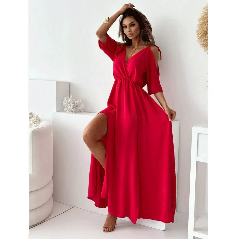 2024 Summer Crossover Womens Dress Solid Color Hollow Waist Fit Side Seam 250324