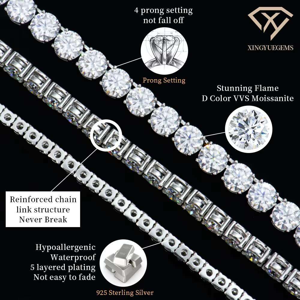 Factory Wholesale 2-6mm Iced Jewelry 925 Sterling Silver VVS Graded Mossanite Moissanite Diamond Tennis Chain Bracelet Gift