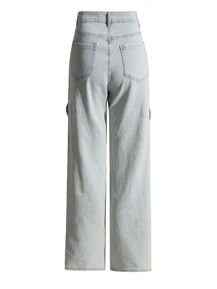 VGH Crisscross Hit Color Streetwear Denim Trousers For Women High Waist Patchwork Pockets Hollow Out Split Pants Female 2024
