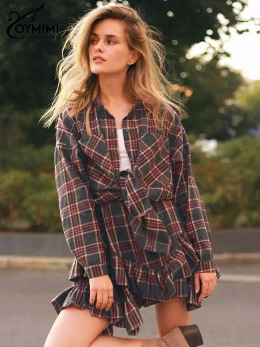 Oymimi elegant red printed womens twopiece fashionable long sleeved pocket button up shirt and mid waist pleated mini skirt set 250326