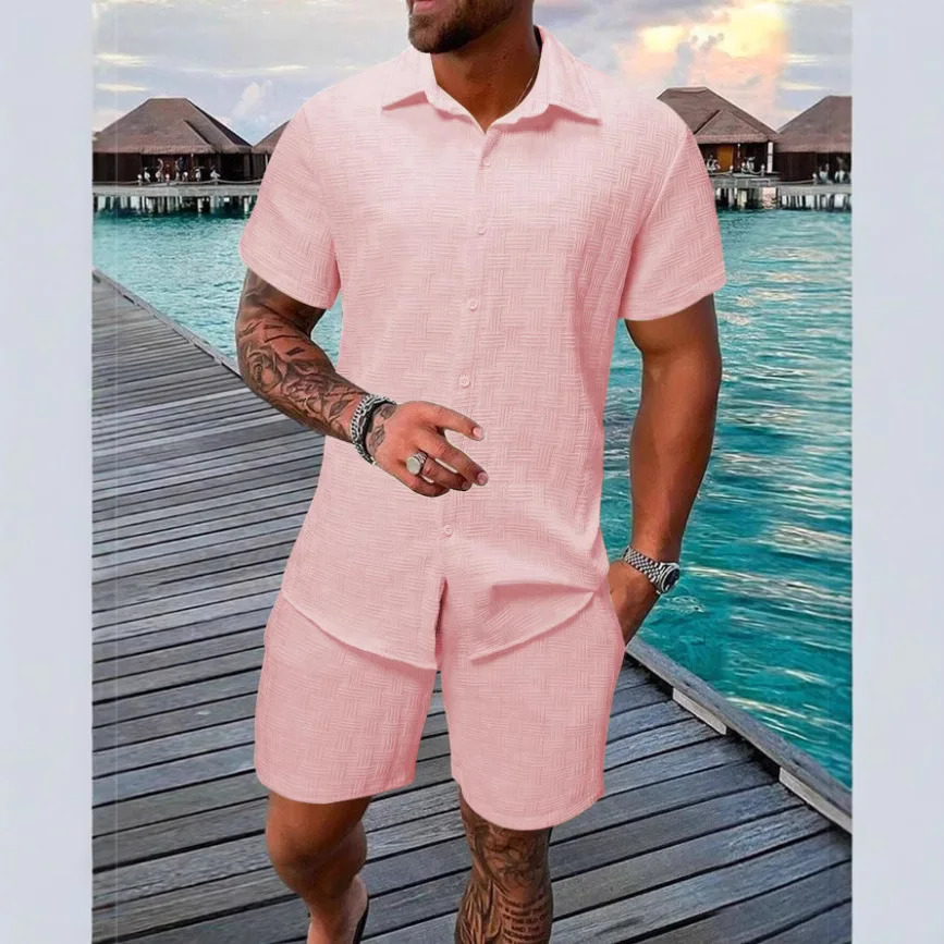 2025 Summer Jacquard plaid texture solid color set short sleeved mens fashionable and comfortable holiday beach style Tshirt two pieces 250326