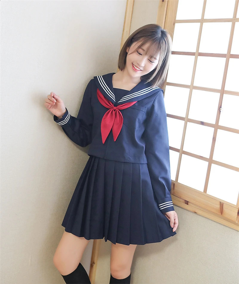 Basic Style Japanese School Uniform Academy High Girl Student Sailor Set White Top Wrinkle Skill 250326