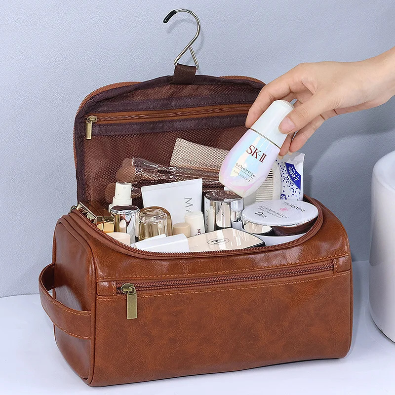 Leather mens business portable toilet bag hanging for womens travel large storage cosmetic waterproof face wash 250326