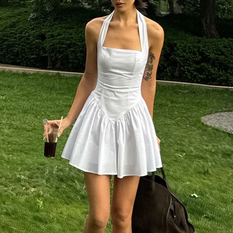 New A-e Women White Summer Fashion Halter Sleeveless Sexy Backless Dresses Casual Slim Club Party Elegant Lady Dress