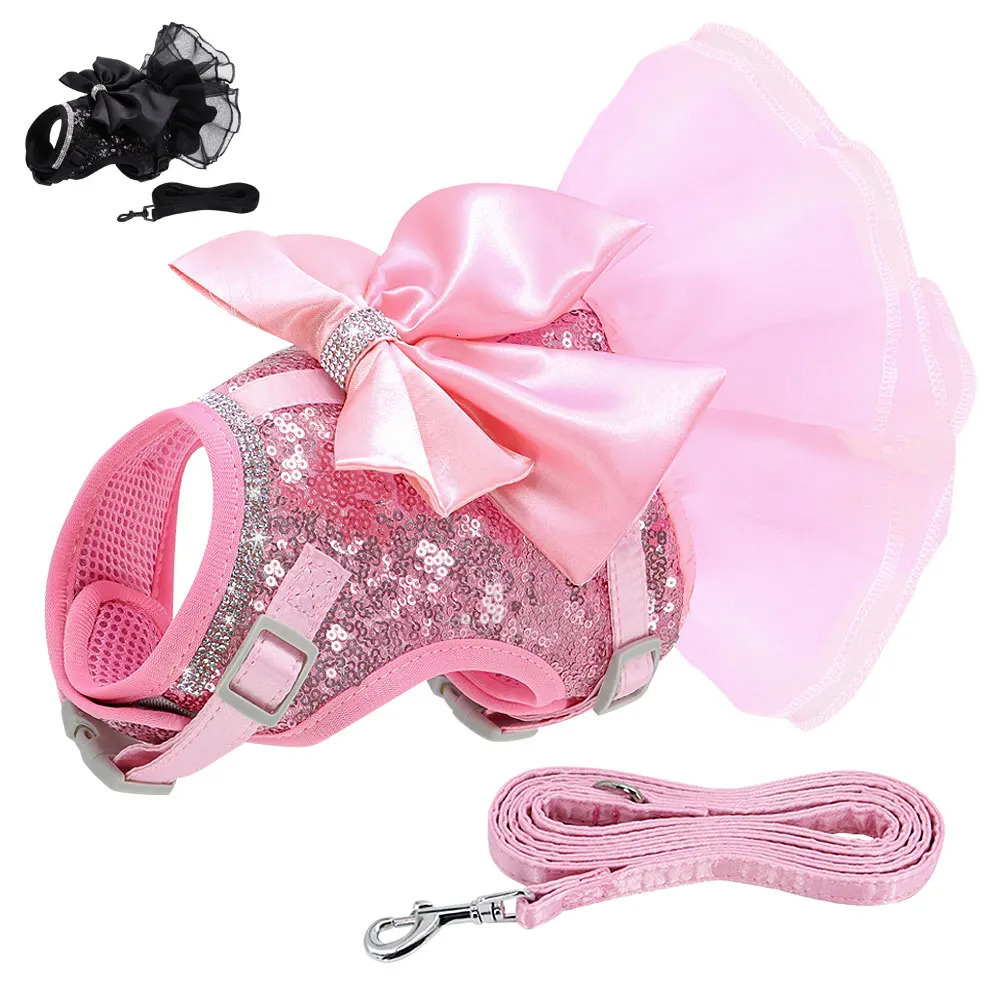 Pink Cat Dress Small Dogs Cats Summer Dresses With Cute Bowknot Bling Rhinestone Accessories Nylon Pet Vest Harness and Leash 250326
