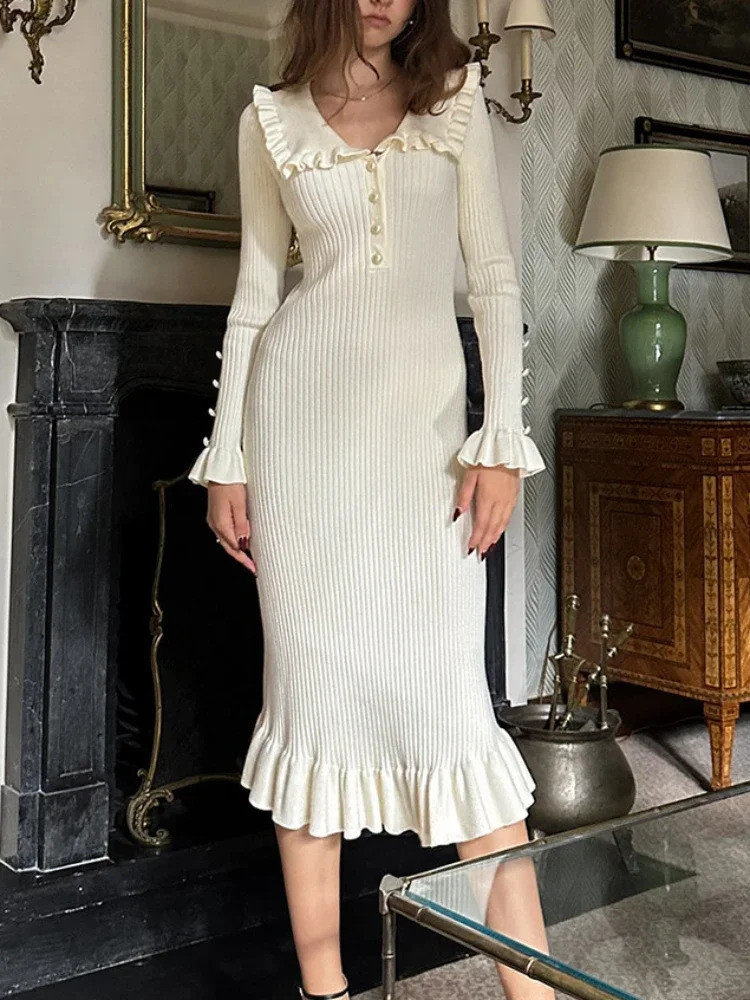 TARUXY High Waist Ruffled Maxi Dresses For Women Autumn Winter Knitted Slim Long Dress Womens Vintage Dress Woman Retro Elegant 250322