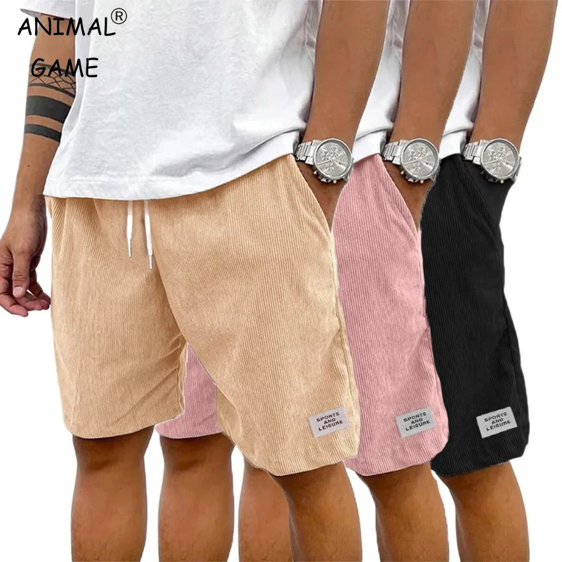 Summer mens solid Corduroy shorts with drawstring and casual elastic waist suitable for outdoor daily activities 250322