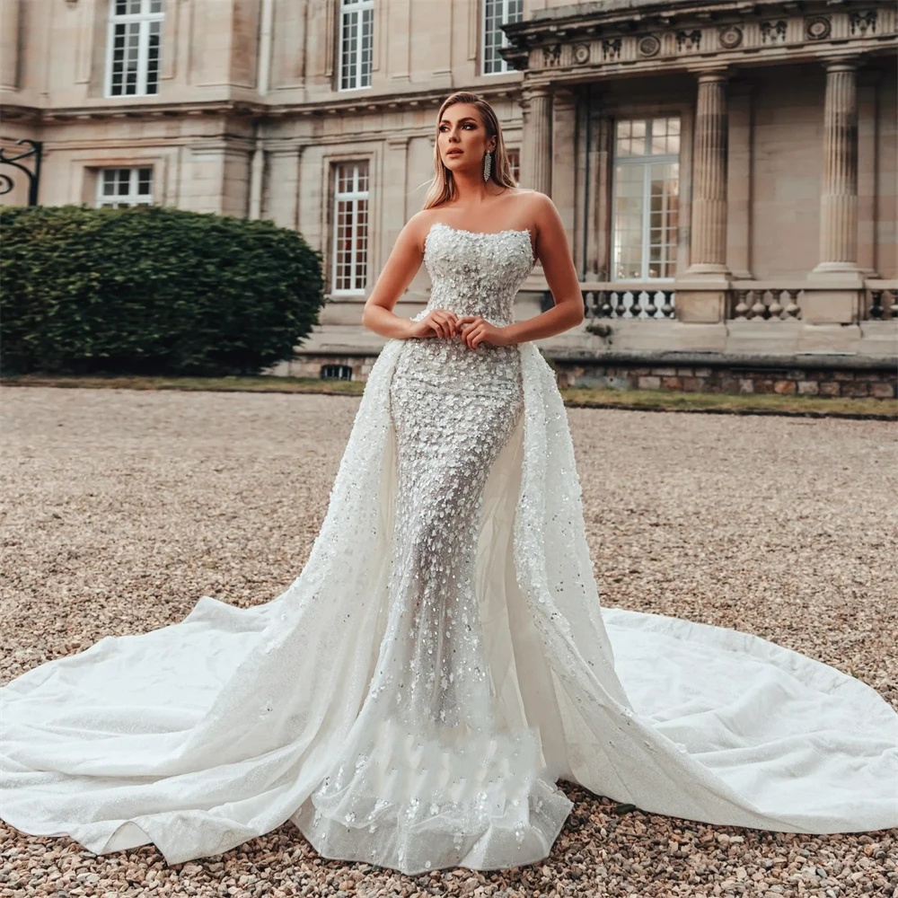 Vintage Mermaid Wedding Dress Strapless Sleeveless Bridal Gowns Sequins Appliques Detachable Train Dresses Custom Made vestidos de novia