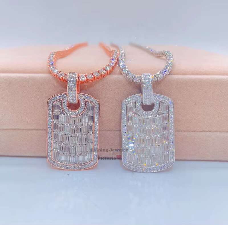 14k Rose Gold Plated Sterling Silver Hip Hop Men Emerald Cut Vvs Moissanite Diamond Dog Tag Pendant