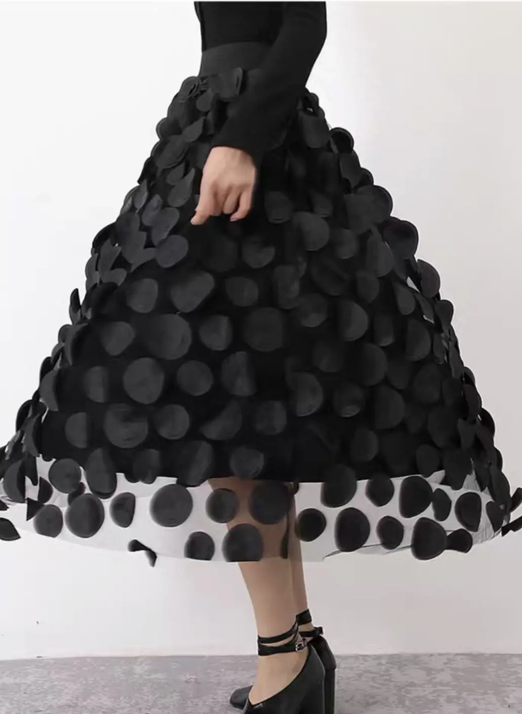 Women Polka Dot 3D Tulle Mesh Skirt Vintage Elastic Waist Long A-line Tutu Skirt 250317