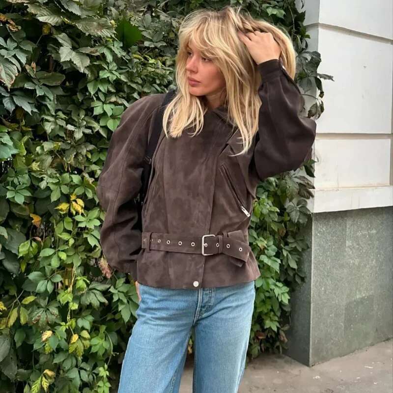 Women's Coat Vintage Women's Belt Short Suede Jackets Street Lapel Long Sleeve Zipper Female Coats Spring Lady Patchwork Moto Outerwears