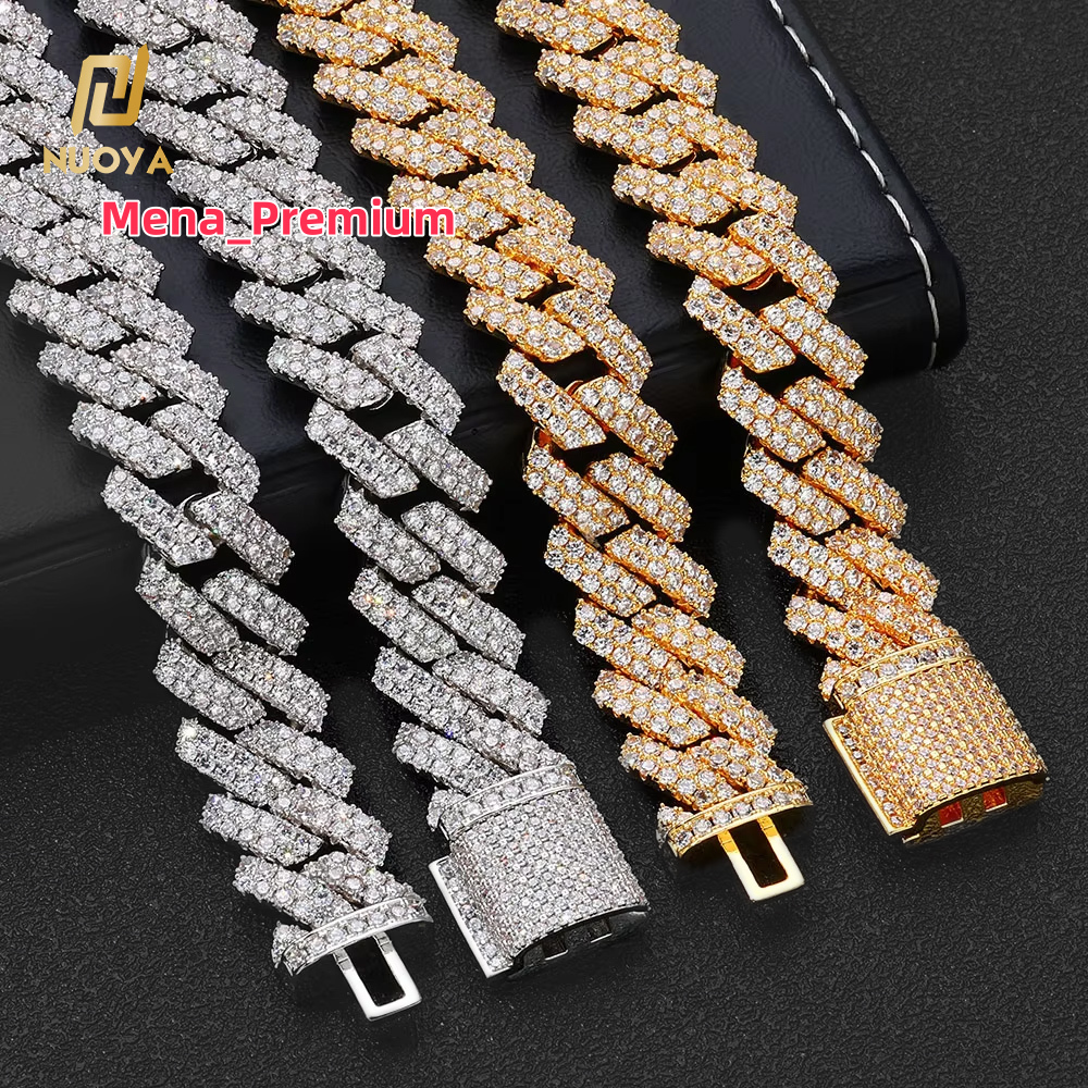 NUOYA Luxury 2 Row Shiny Zircon Diamond Cuban Link Chain Necklace 18K/White Gold Plated Hip Hop Jewelry for Women and Men