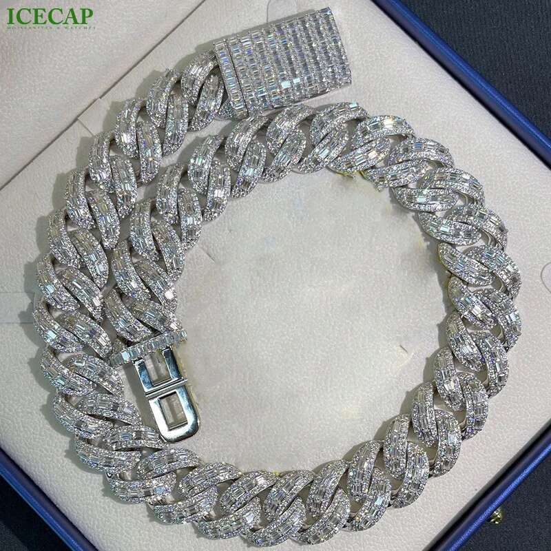 Fashion Jewelry Baguette Shape Design 925 Sterling Silver Cuban Link Chain Vvs Moissanite Necklaces for Men