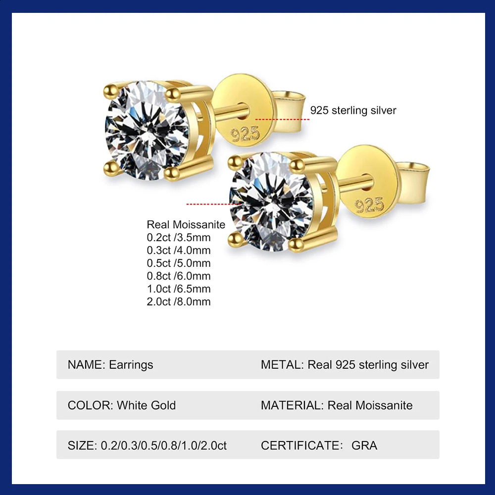 Certified Original 925 Silver Gold Stud Earrings for Women Men 3.5mm 4mm 5mm 6mm 6.5mm 4 Claw Earring Fine Jewelry 250318