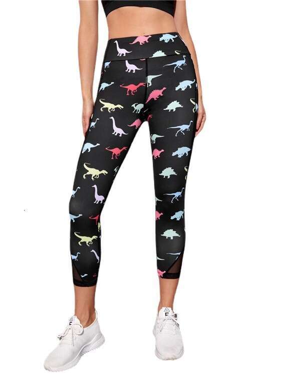 Women Yoga Pants New Summer Pocket Mesh Breathable Fitness Yoga Pants With Colorful Dinosaur Print Underpants YJ