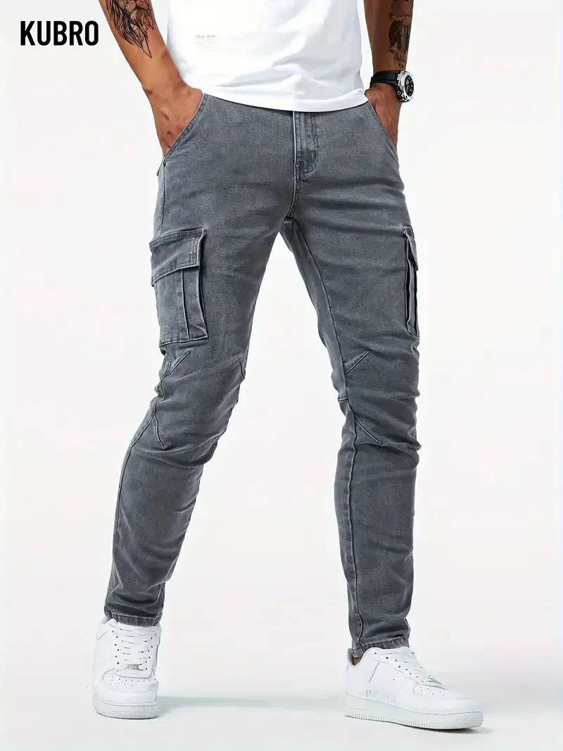 Street Elastic Jeans Men Denim Cargo Pants Wash Solid Color Multi Pockets Casual Mid Waist Trousers Slim Fit Daily Wear Joggers 250317