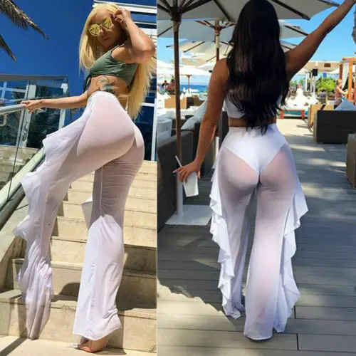 Summer Womens Beach Mesh Ruffle Transparent Wide Leg Pants Trouser Bikini Cover 250326