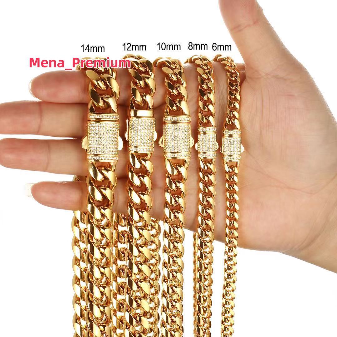 New 6-14mm Width 18K Gold Plated Stainless Steel Iced Out Zircon Clasp Cuban Chain Custom Design Miami Cuban Link Chain Necklace