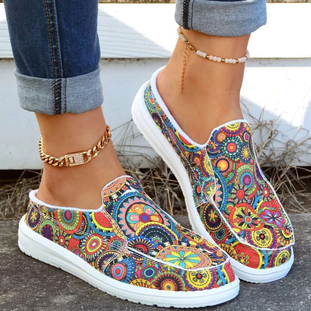 ral Print Canvas Slip-on Round Toe Lightweight Casual Shoes, Women's Comfy Walking Flat Shoes