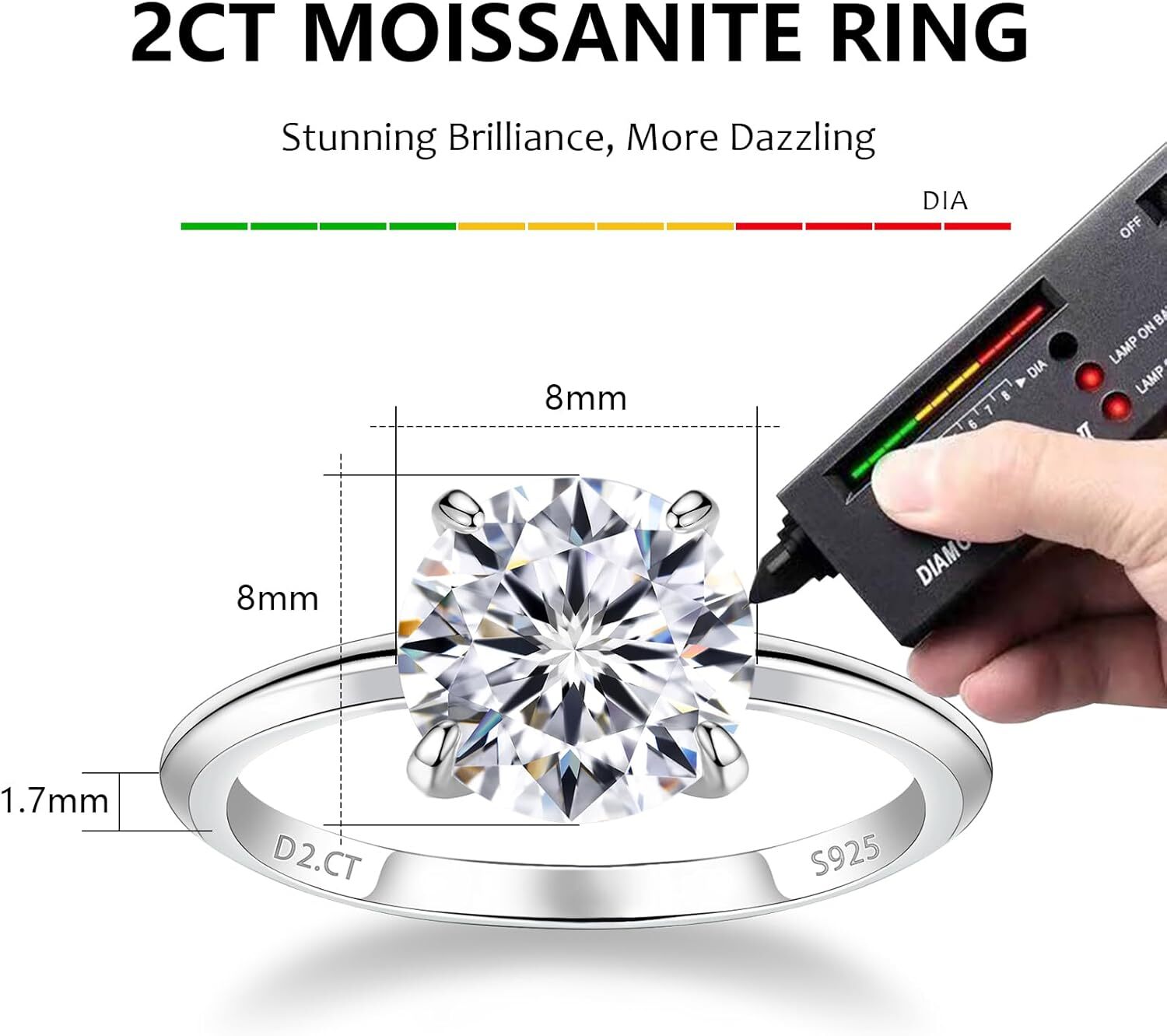 1 CT 2CT Moissanite Enagaement Ring for Women White Gold Plated 925 Sterling Silver Moissanite Rings Promise Rings Wedding Band Rings for Women Size 5