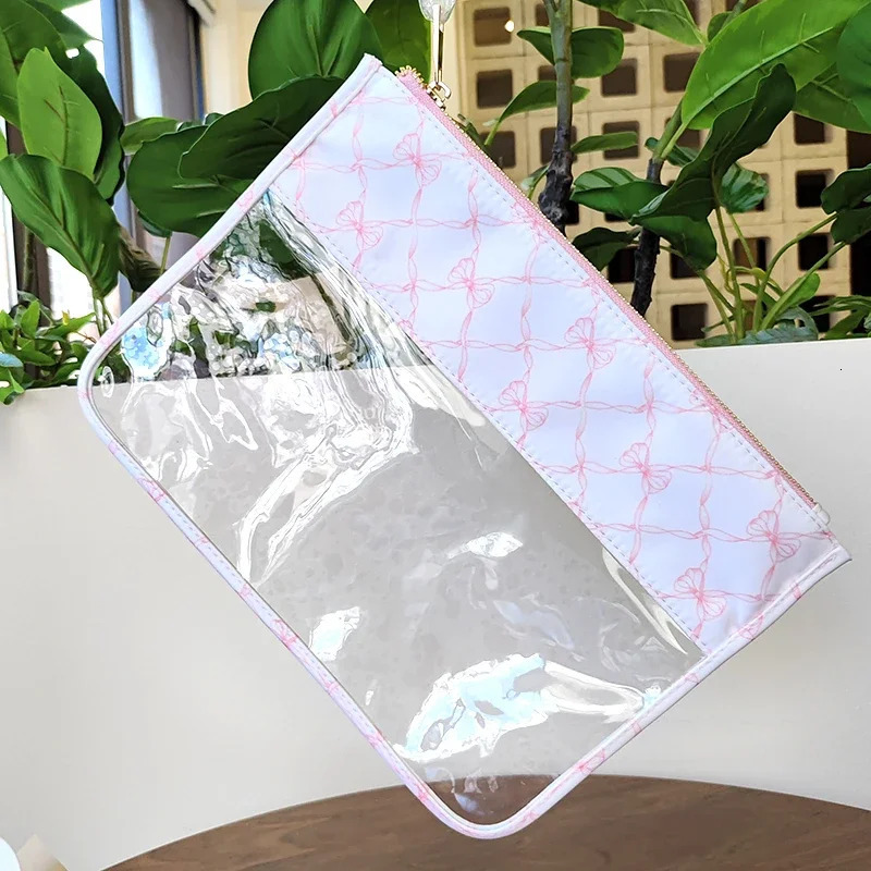 Pink and Blue Bow Printed Makeup Bag Toilet Storage Nylon Outdoor Travel Organizer Homecoming Birthday Party Gift 250326