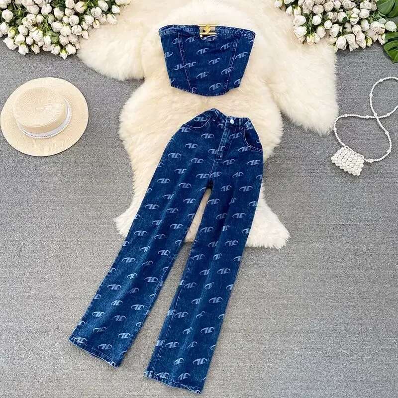 Semalam Fashion Suit Women's Retro Ful Tube Top Denim Vest Two-Piece Casual High Waist Slimming And Straight Pants