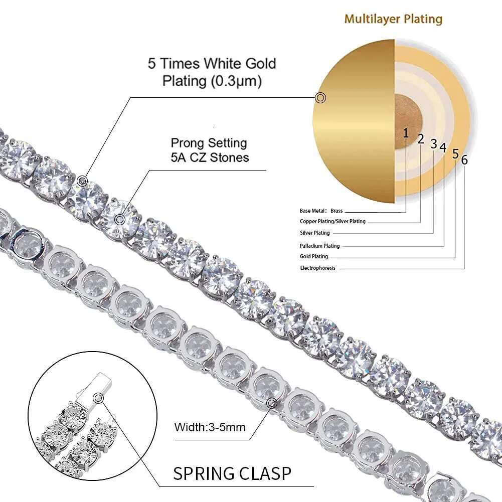 3mm 4mm 5mm 1 Row Tennis Chain Bling Moissanite Material Necklace Hip Hop Man and Women Iced Out Jewelry Free Engrave Name